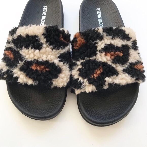 Steve Madden faux shearling-trim leopard slippers EUC size 2 youth - Picture 2 of 7
